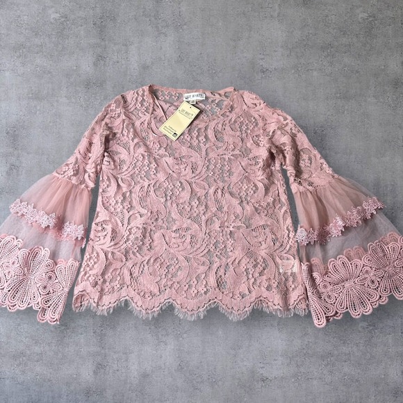 Say What? Tops - Say What Top Womens M Pink Lace Bell Sleeve Sheer Romantic Feminine Elegant NEW